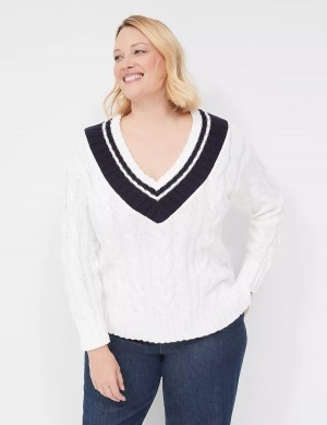 Women Lane Bryant V-Neck Cable Pullover Sweaters White | SWW2534SA