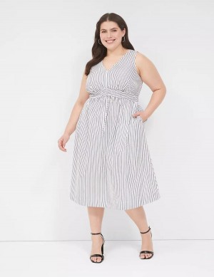 Women Lane Bryant V-Neck Elastic-Waist Midi Dress White Black Stripes | LTP146UQ