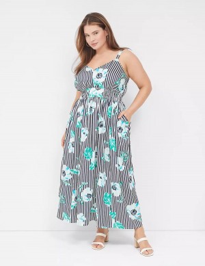 Women Lane Bryant V-Neck Ruched-Waist Maxi Dress Navy Stripes | YSZ1381YH