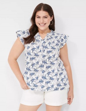 Women Lane Bryant Woven & Knit Cap Flutter-Sleeve Top Blouse Blue White | RDQ271VM