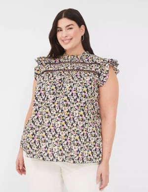 Women Lane Bryant Woven & Knit Ruffle Cap-Sleeve Blouse Black Multicolor | RPL10072ZS