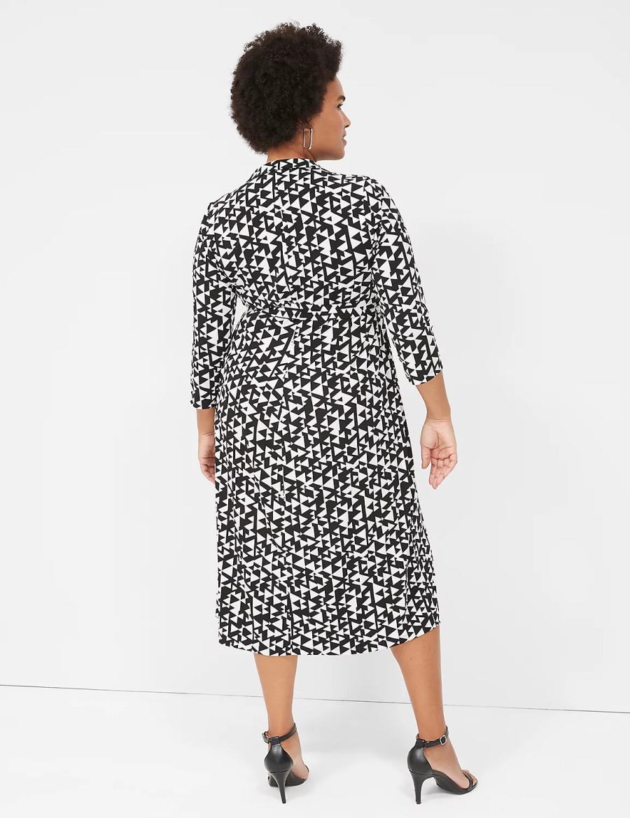 Women Lane Bryant 3/4-Sleeve Collar Faux-Wrap Jersey Midi Dress Black | ERU9688OJ