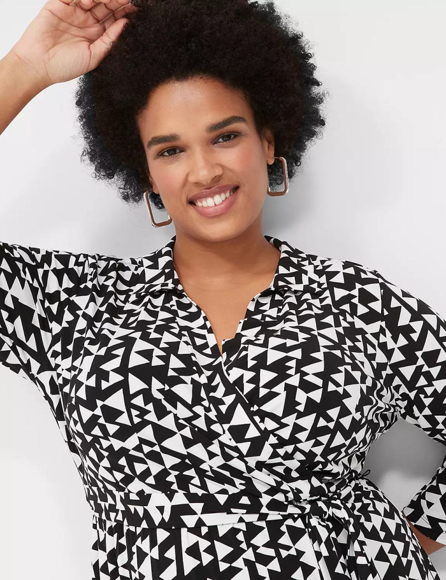 Women Lane Bryant 3/4-Sleeve Collar Faux-Wrap Jersey Midi Dress Black | ERU9688OJ