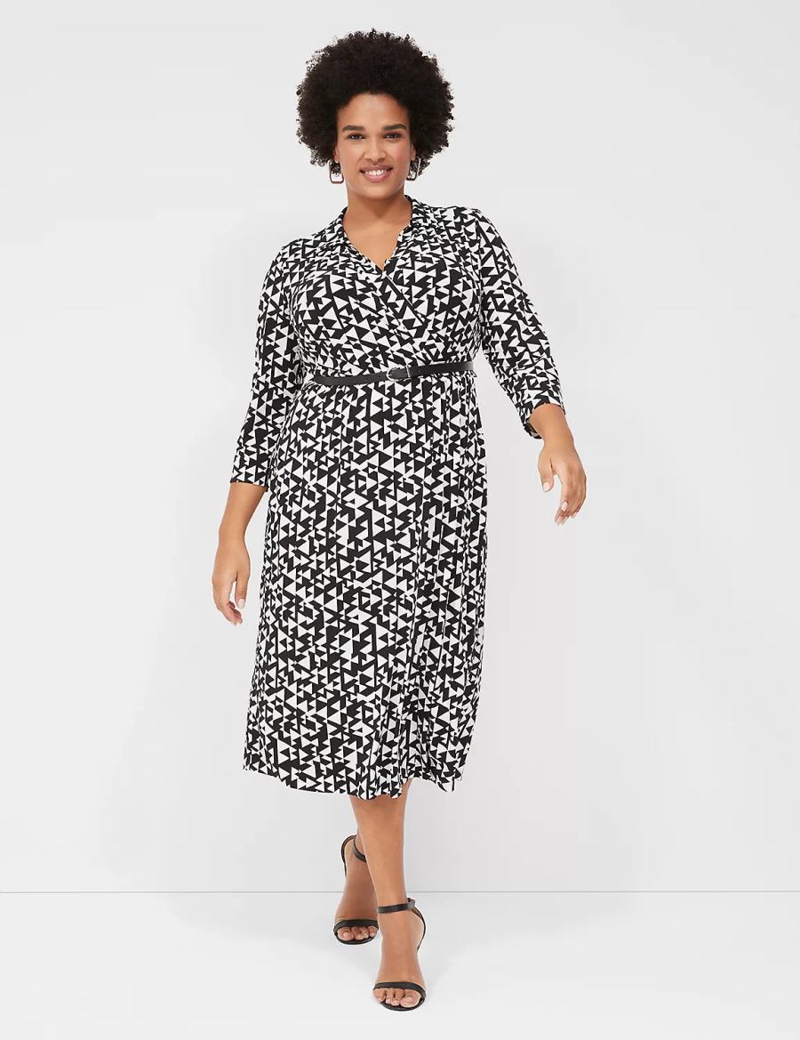 Women Lane Bryant 3/4-Sleeve Collar Faux-Wrap Jersey Midi Dress Black | ERU9688OJ