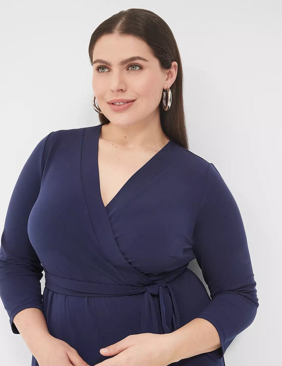 Women Lane Bryant 3/4-Sleeve Faux-Wrap Jersey Midi Dress Blue | BQJ521SE