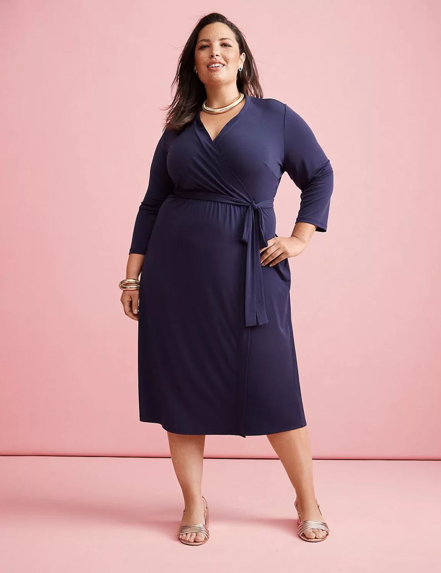 Women Lane Bryant 3/4-Sleeve Faux-Wrap Jersey Midi Dress Blue | BQJ521SE
