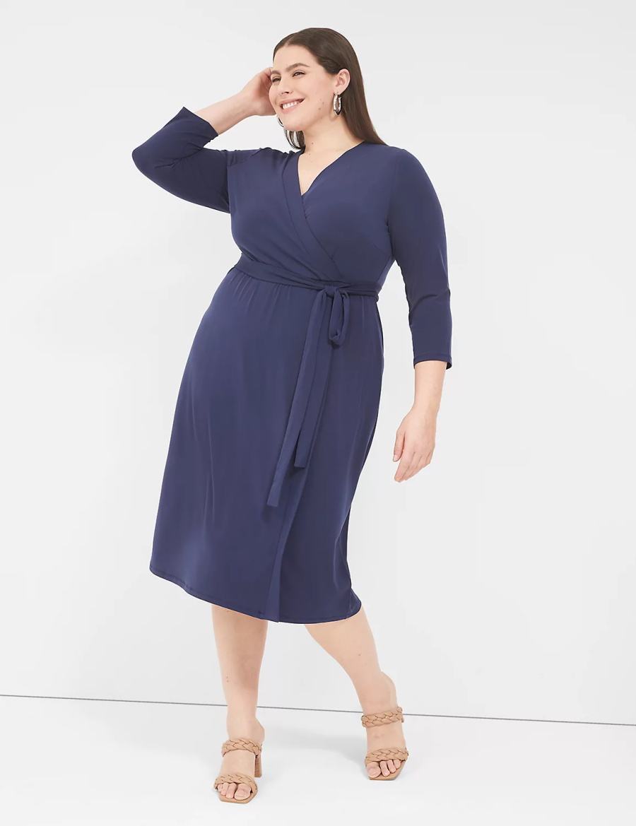 Women Lane Bryant 3/4-Sleeve Faux-Wrap Jersey Midi Dress Blue | BQJ521SE