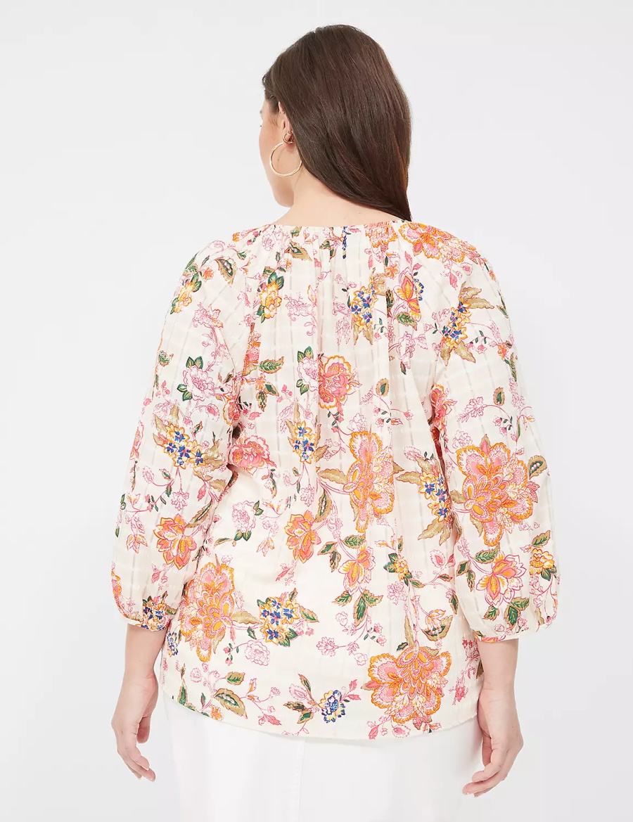 Women Lane Bryant 3/4-Sleeve Notch-Neck Tie-Front Blouse Orange White | HNW7393XY