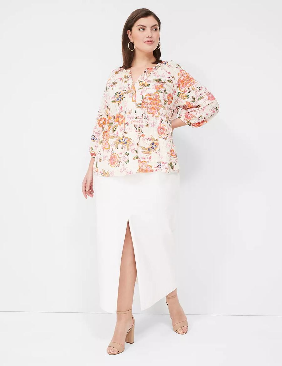 Women Lane Bryant 3/4-Sleeve Notch-Neck Tie-Front Blouse Orange White | HNW7393XY