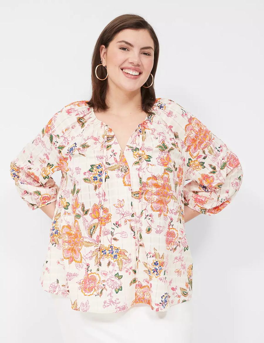 Women Lane Bryant 3/4-Sleeve Notch-Neck Tie-Front Blouse Orange White | HNW7393XY