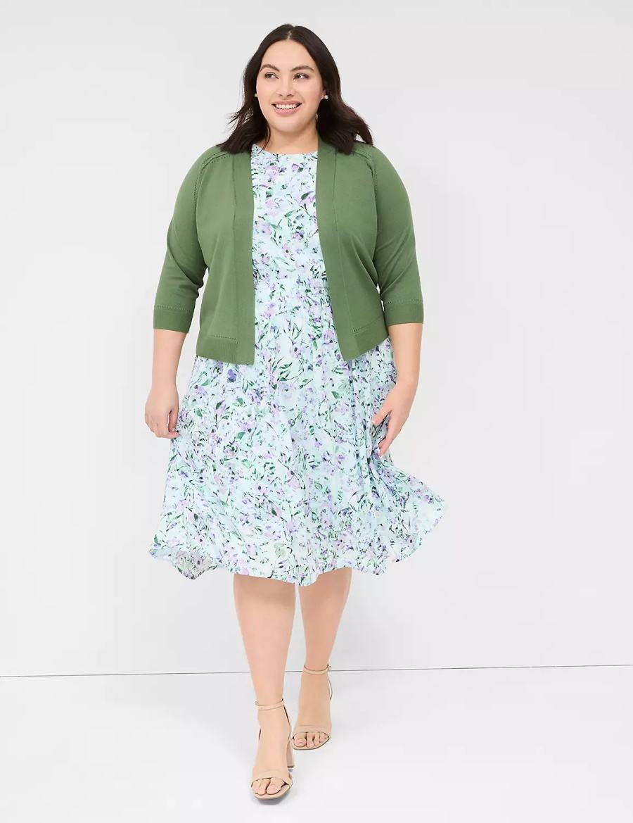 Women Lane Bryant 3/4-Sleeve Open-Front Shrug Sweaters Brown Green | BXY604TK