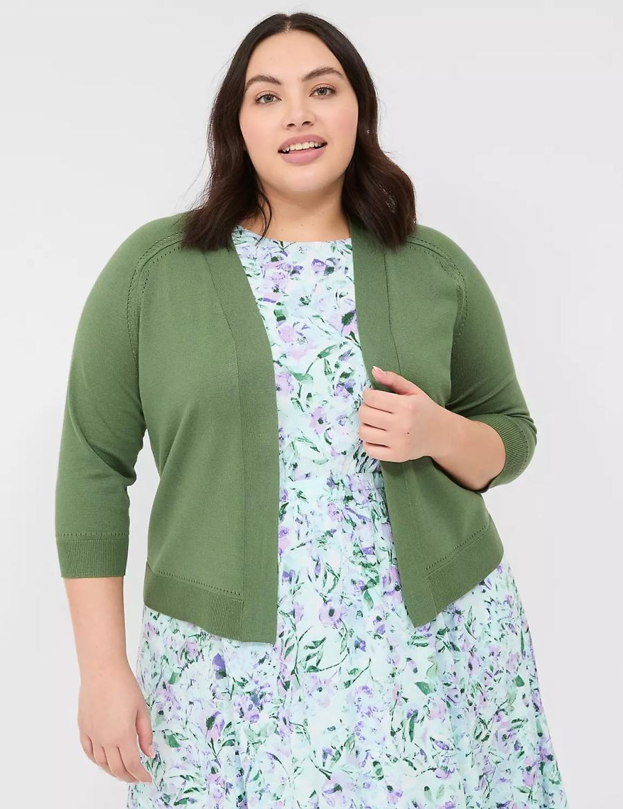 Women Lane Bryant 3/4-Sleeve Open-Front Shrug Sweaters Brown Green | BXY604TK