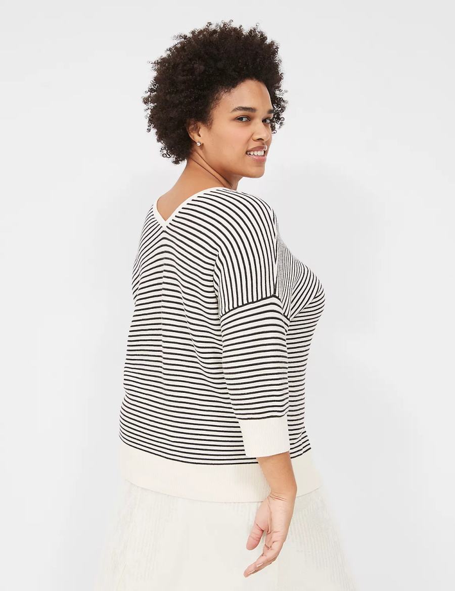 Women Lane Bryant 3/4-Sleeve V-Neck Striped Sweaters White Black | NPX1369QY