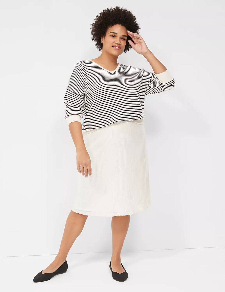 Women Lane Bryant 3/4-Sleeve V-Neck Striped Sweaters White Black | NPX1369QY
