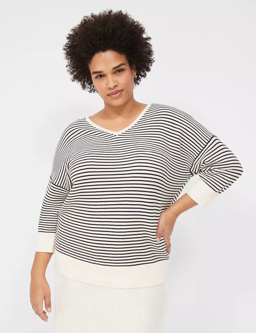 Women Lane Bryant 3/4-Sleeve V-Neck Striped Sweaters White Black | NPX1369QY
