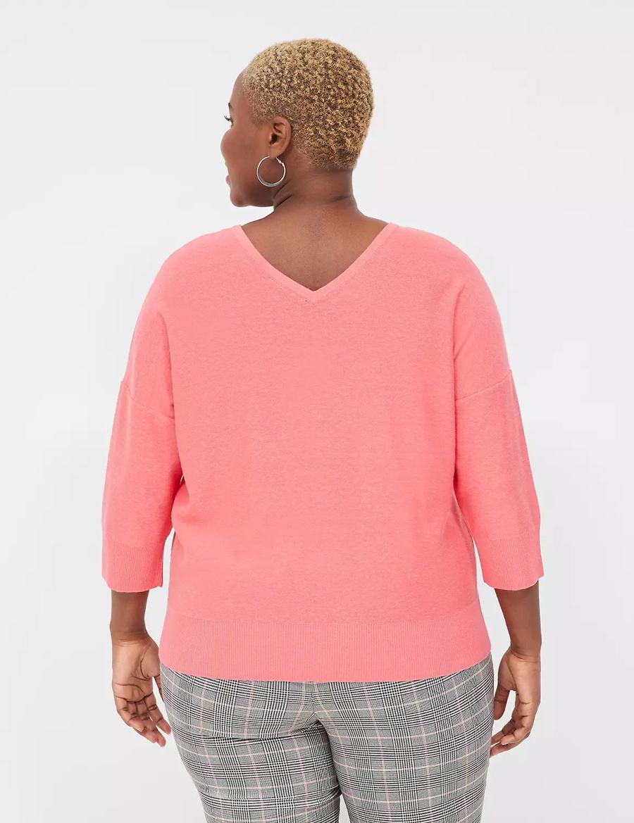 Women Lane Bryant 3/4-Sleeve V-Neck Sweaters Coral | JWY1898BA