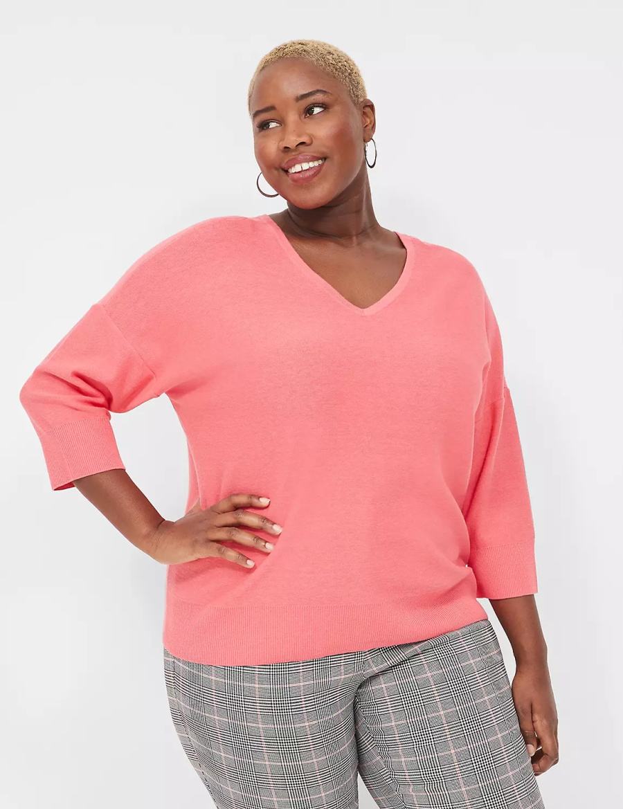 Women Lane Bryant 3/4-Sleeve V-Neck Sweaters Coral | JWY1898BA