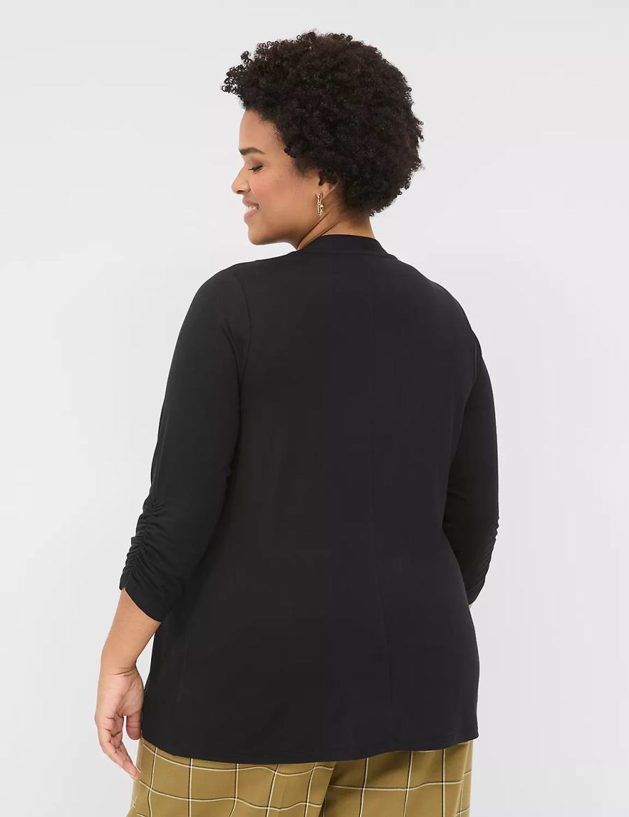 Women Lane Bryant 3/4 Ruched-Sleeve Open-Front Overpiece Robe Black | GFZ5224NV