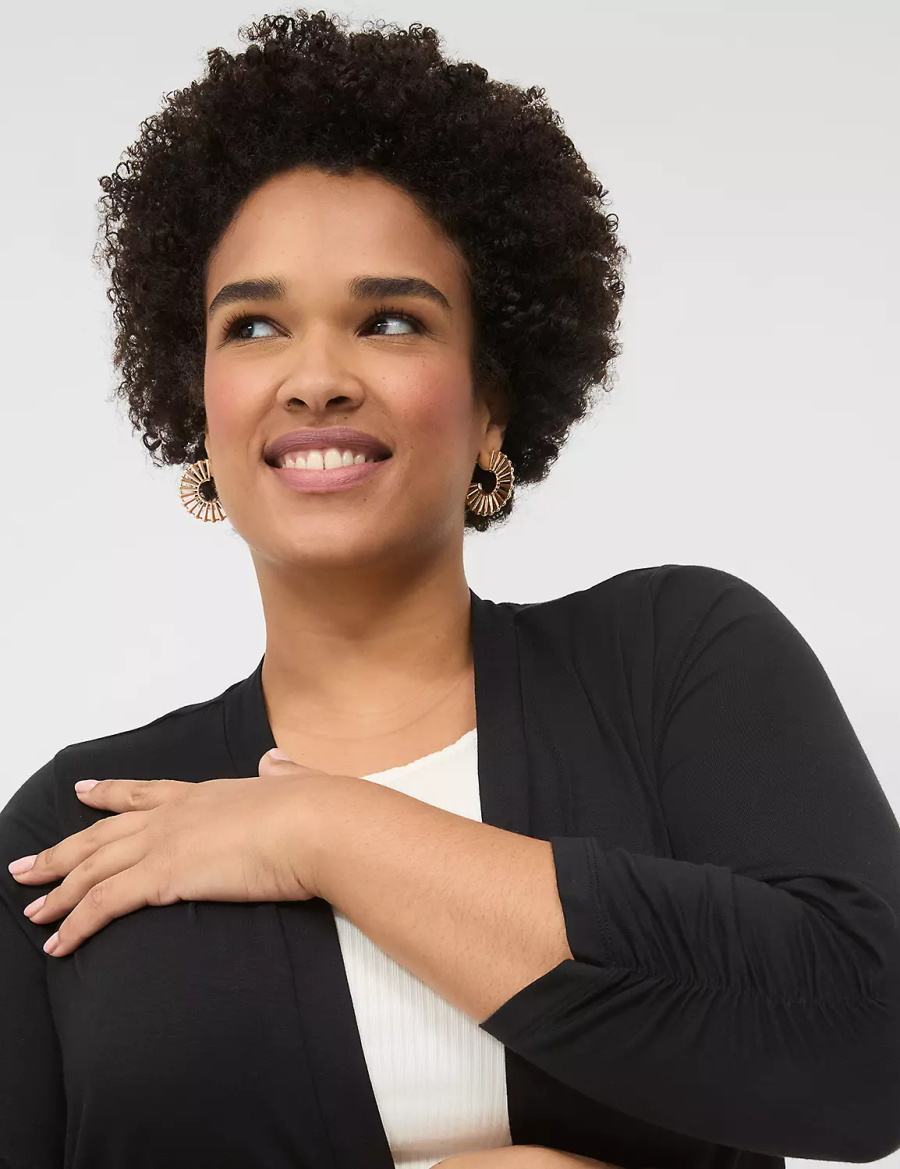 Women Lane Bryant 3/4 Ruched-Sleeve Open-Front Overpiece Robe Black | GFZ5224NV