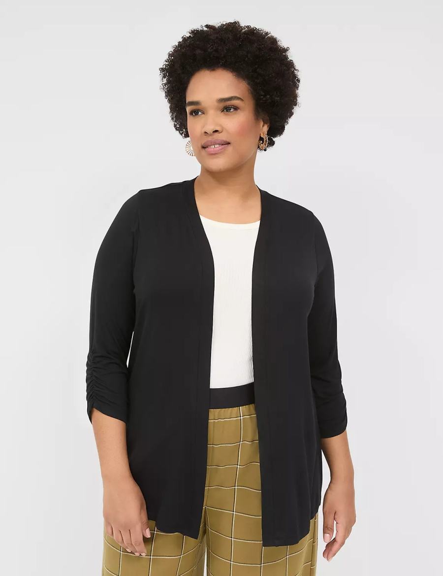 Women Lane Bryant 3/4 Ruched-Sleeve Open-Front Overpiece Robe Black | GFZ5224NV