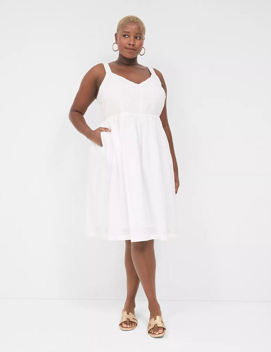 Women Lane Bryant Applique-Bodice Smocked-Back Midi Dress White | MAE1154II