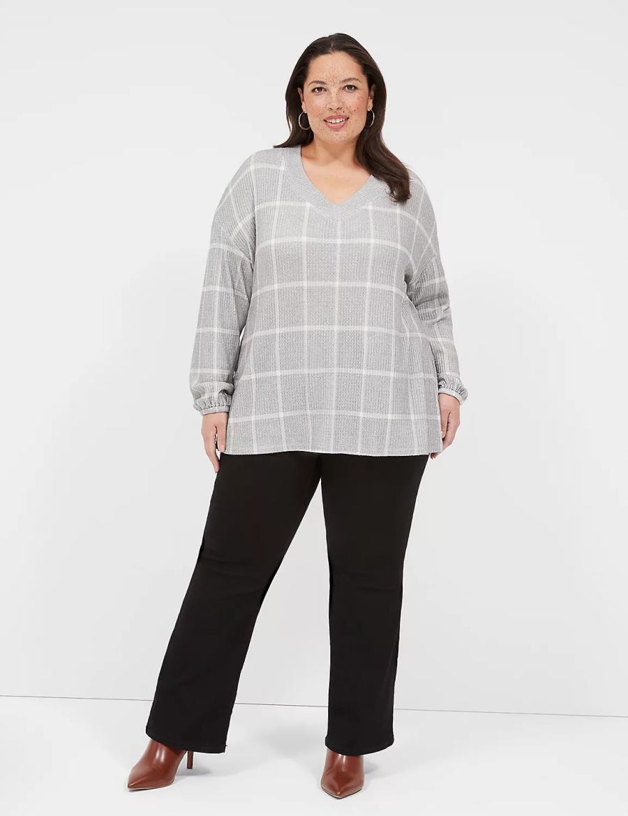Women Lane Bryant Blouson-Sleeve V-Neck Waffle Tunic T Shirts Grey | XWD3691JW