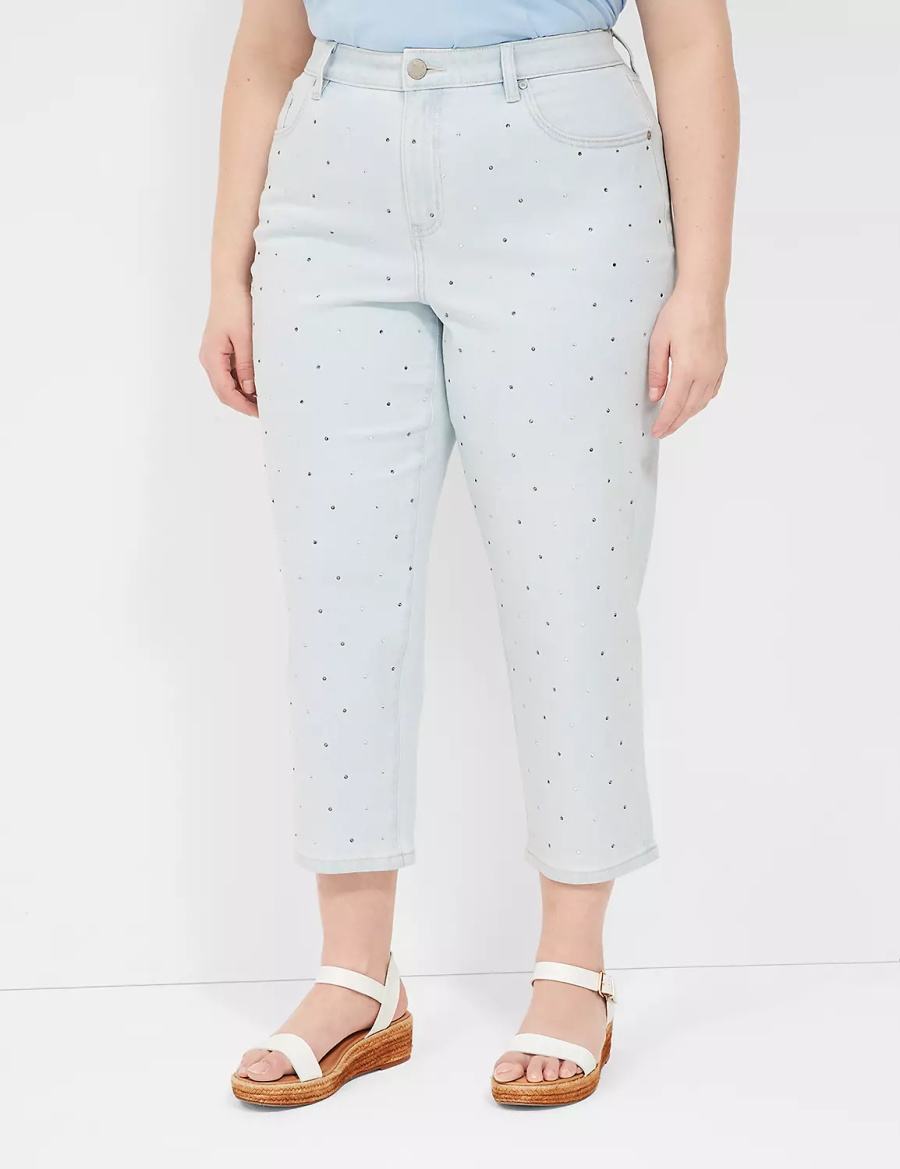 Women Lane Bryant Boyfriend Fit Capri With Rhinestone Embellishments Jeans Light Blue | VQX9256PJ
