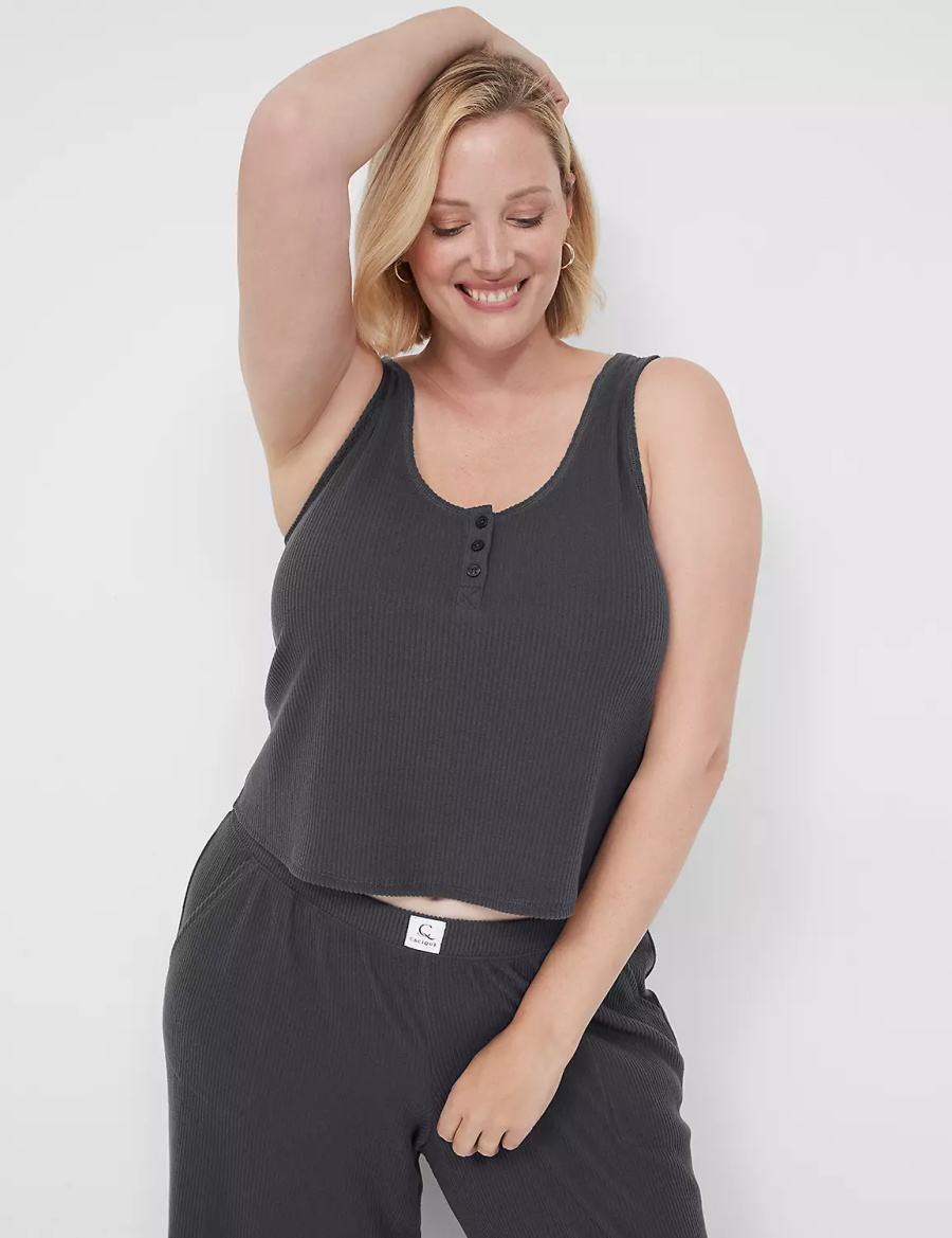 Women Lane Bryant Brushed Rib Henley Sleep Tanks Dark Grey | UQZ964KF