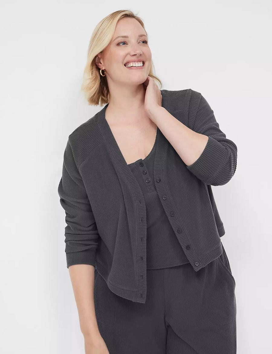 Women Lane Bryant Brushed Rib Sleep Cardigan Dark Grey | XQQ4132RZ