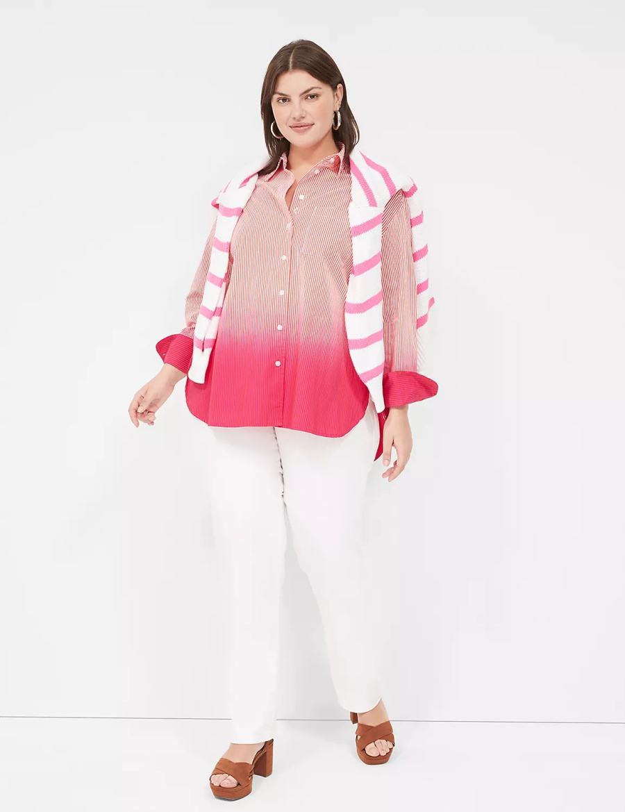 Women Lane Bryant Button-Down Boyfriend Shirts Pink Stripes | ZTB4668VK