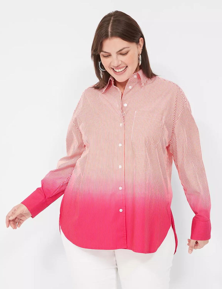 Women Lane Bryant Button-Down Boyfriend Shirts Pink Stripes | ZTB4668VK