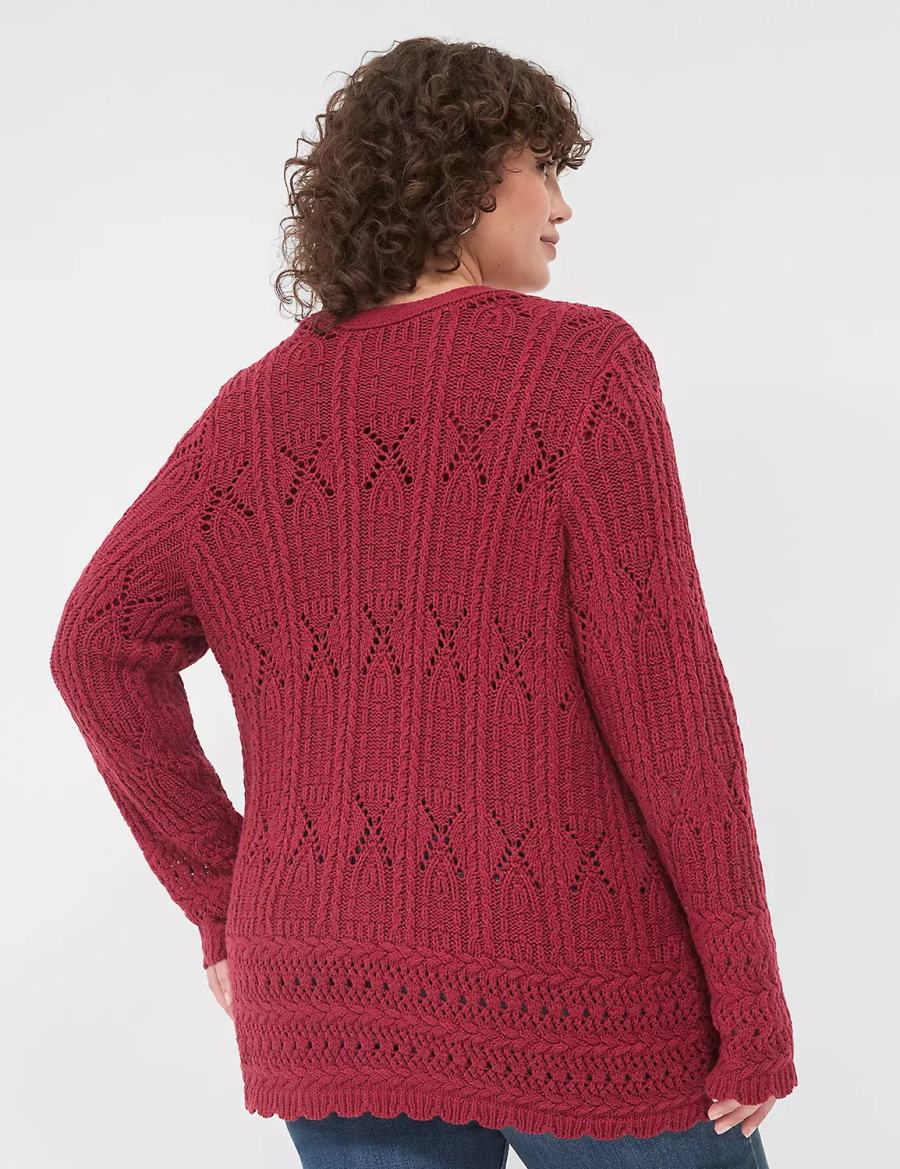 Women Lane Bryant Button-Front Pointelle Cardigan Deep Red | DWI825DF