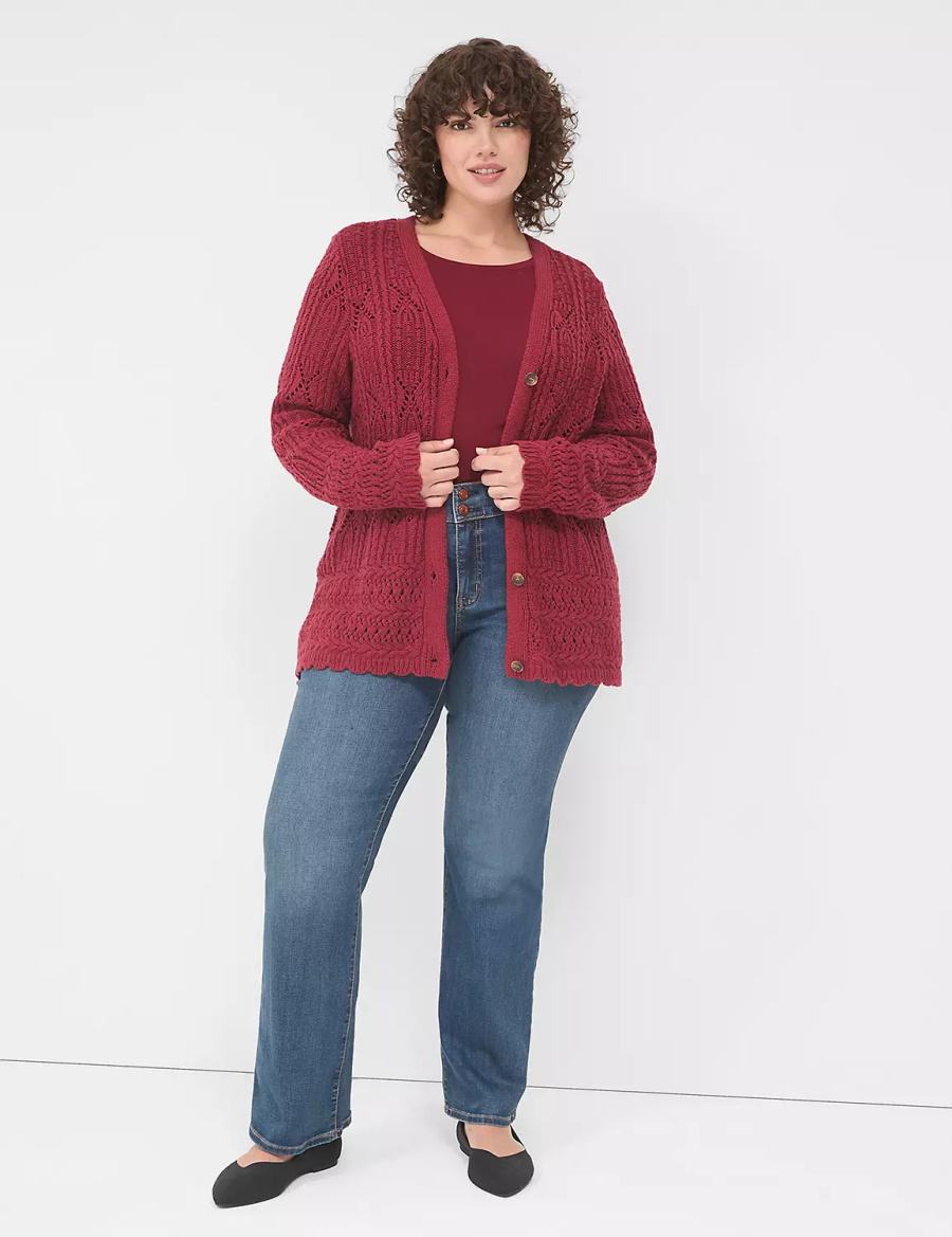 Women Lane Bryant Button-Front Pointelle Cardigan Deep Red | DWI825DF