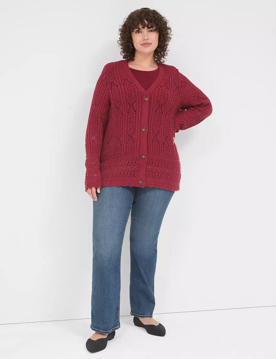 Women Lane Bryant Button-Front Pointelle Cardigan Deep Red | DWI825DF