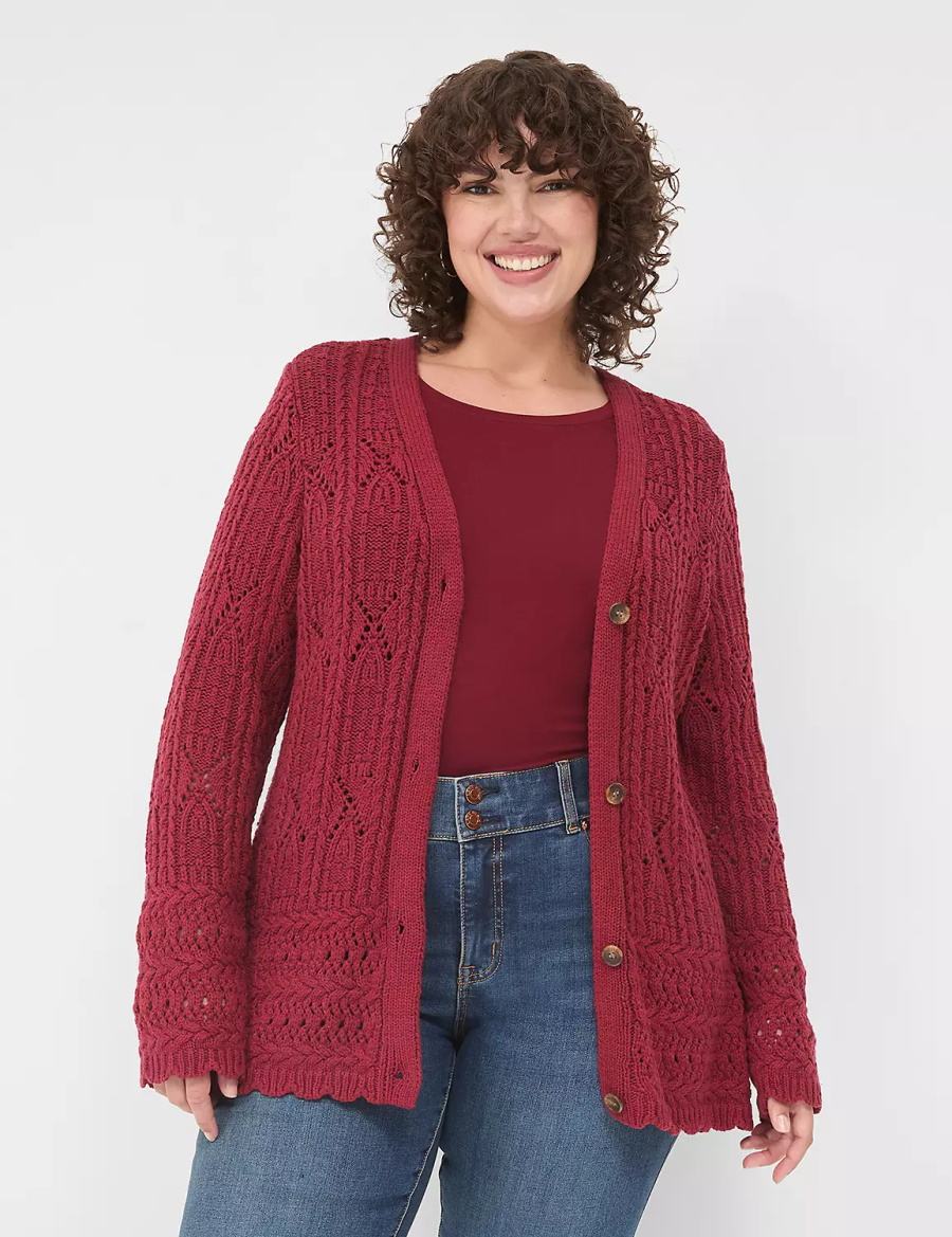 Women Lane Bryant Button-Front Pointelle Cardigan Deep Red | DWI825DF