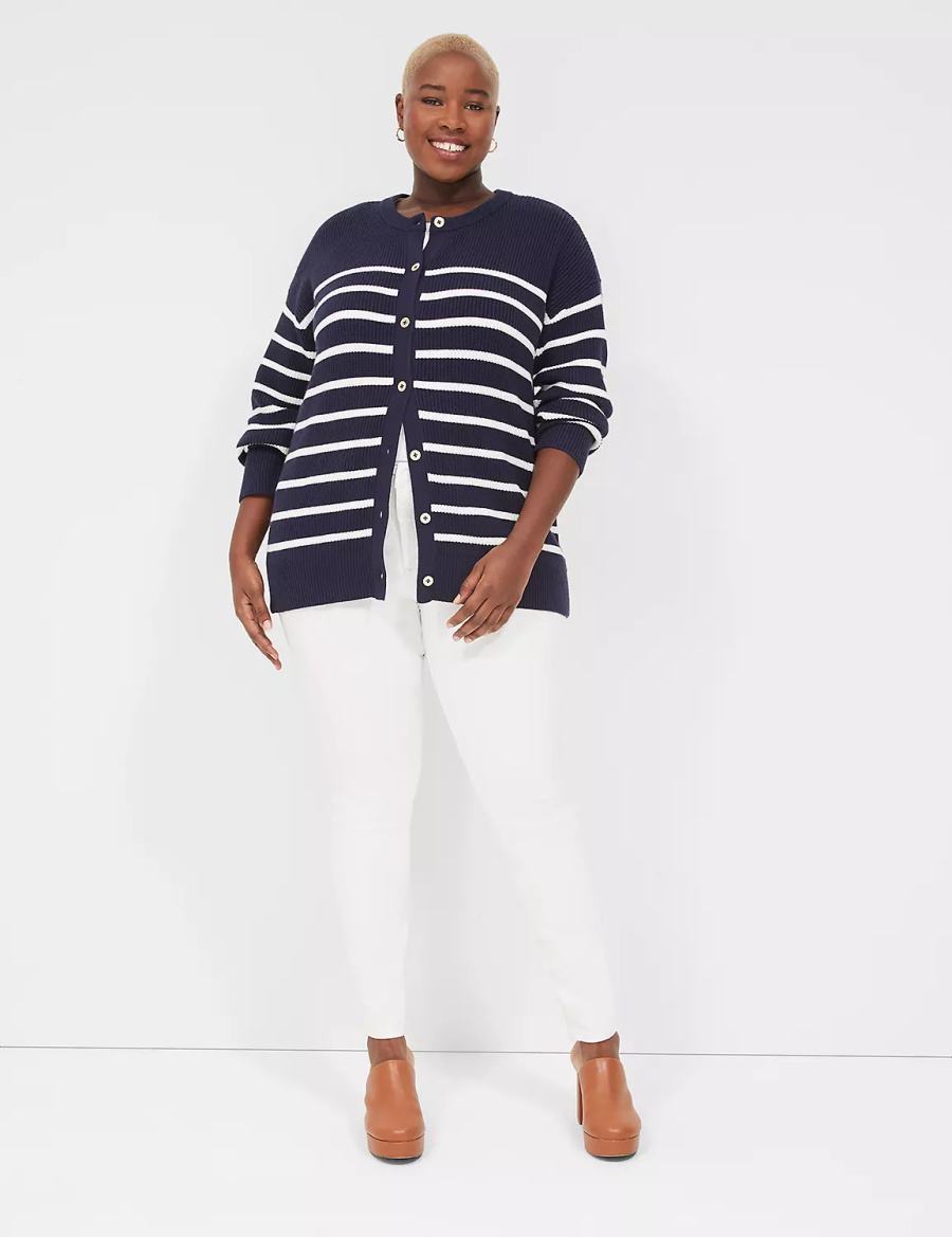 Women Lane Bryant Button-Front Stripe Cardigan Blue | IKY9342TI