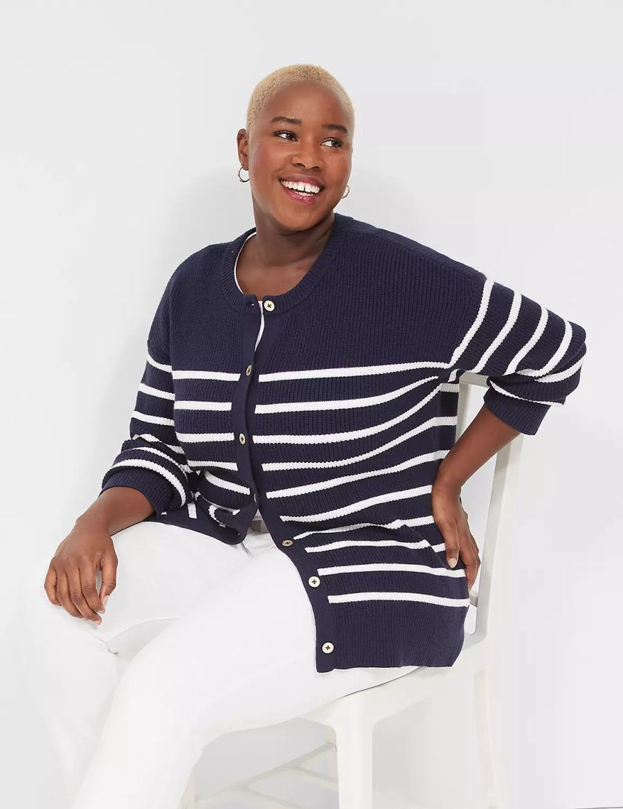 Women Lane Bryant Button-Front Stripe Cardigan Blue | IKY9342TI