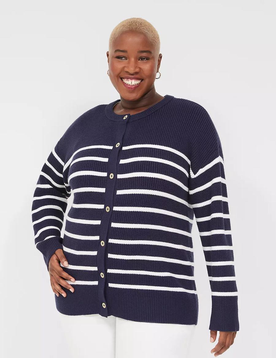 Women Lane Bryant Button-Front Stripe Cardigan Blue | IKY9342TI