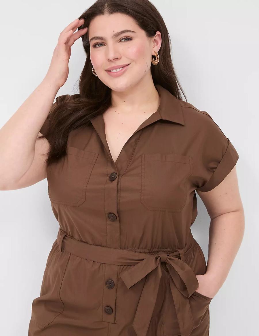 Women Lane Bryant Cap-Sleeve Utility Jumpsuit Brown | OLS7036IC