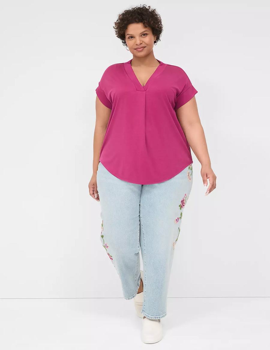 Women Lane Bryant Cap-Sleeve V-Neck Pleat-Front Top T Shirts Purple | GCI1483QC