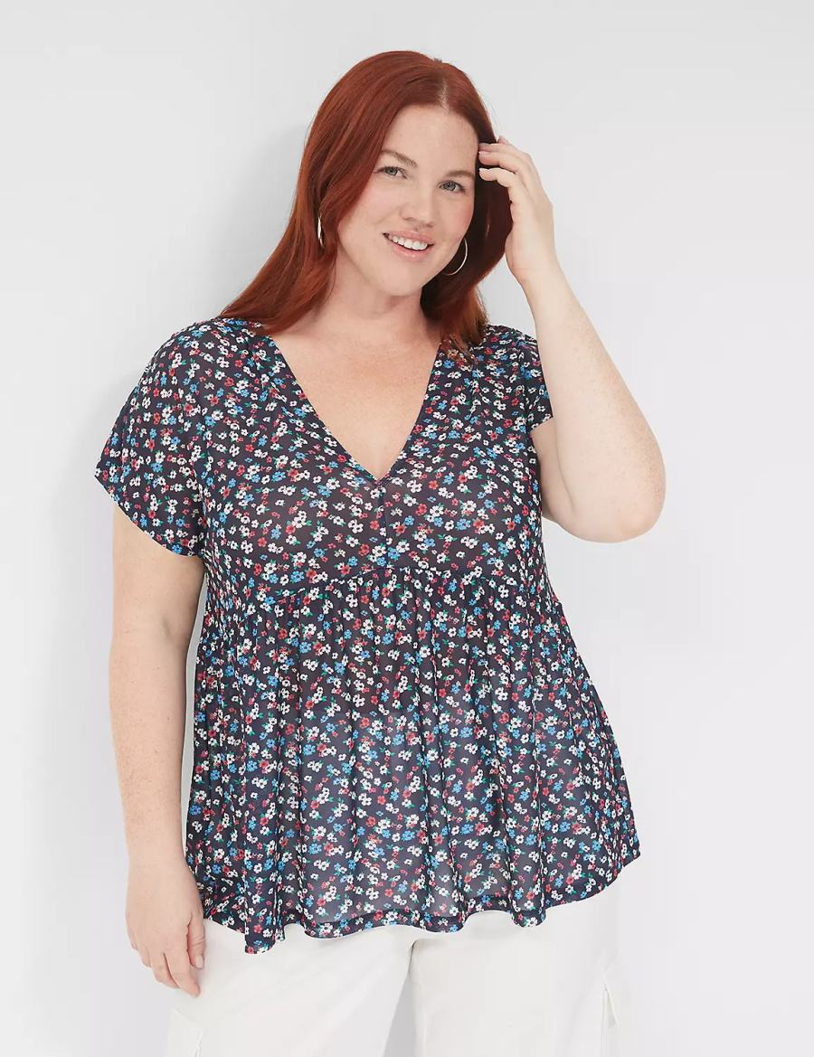 Women Lane Bryant Cap-Sleeve V-Neck Top T Shirts Black | BQK3831OT