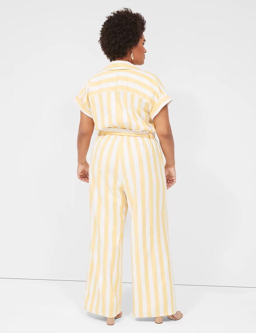 Women Lane Bryant Cap-Sleeve Y-Neck Utility Jumpsuit Yellow Stripes | RJH867HE