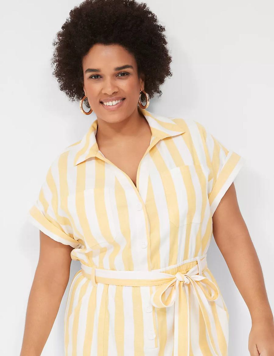 Women Lane Bryant Cap-Sleeve Y-Neck Utility Jumpsuit Yellow Stripes | RJH867HE