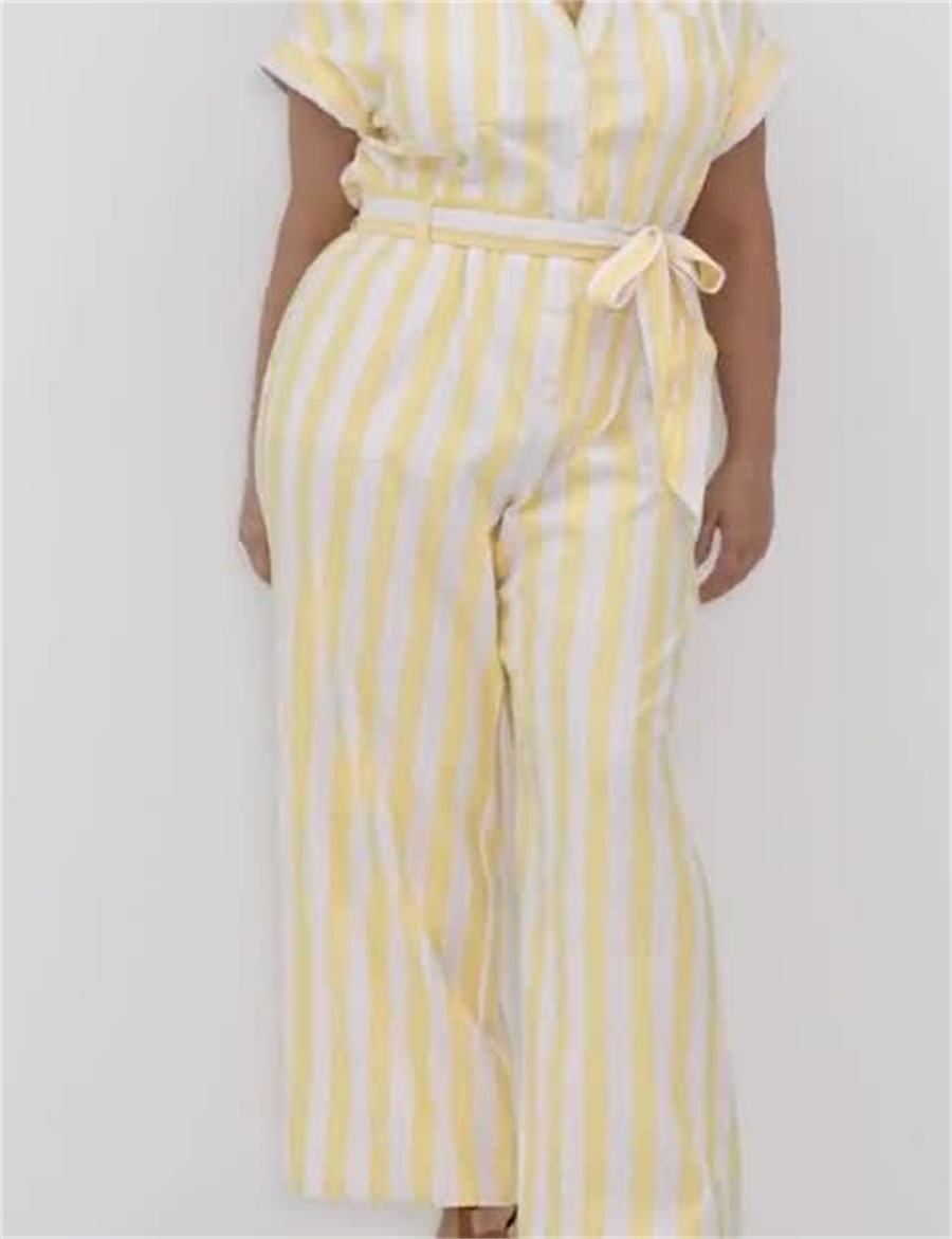 Women Lane Bryant Cap-Sleeve Y-Neck Utility Jumpsuit Yellow Stripes | RJH867HE