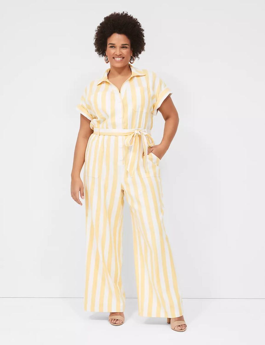 Women Lane Bryant Cap-Sleeve Y-Neck Utility Jumpsuit Yellow Stripes | RJH867HE