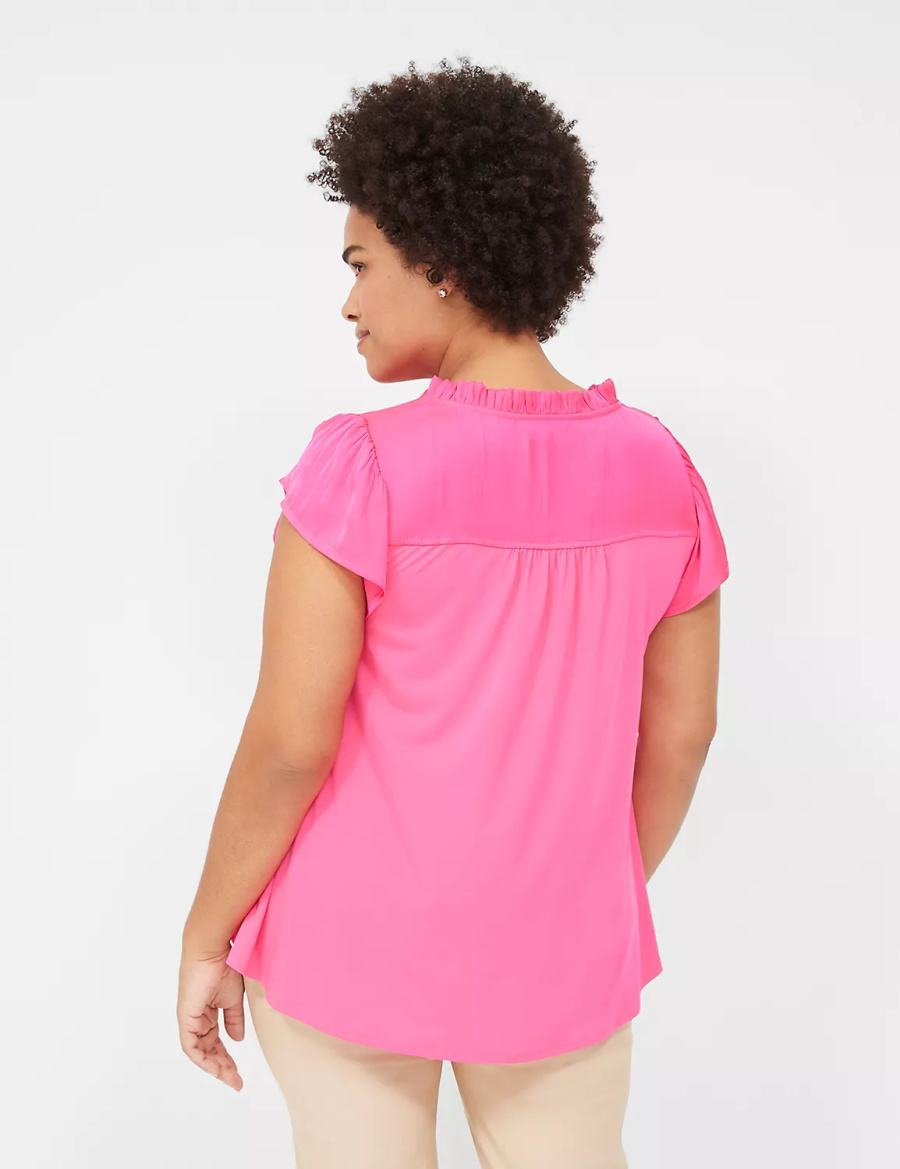 Women Lane Bryant Cap Flutter-Sleeve Satin & Knit Top T Shirts Pink | EXZ8827KU