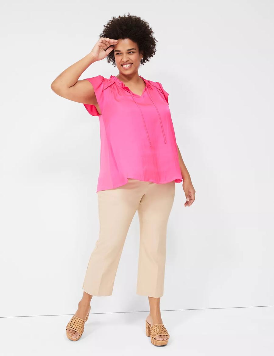Women Lane Bryant Cap Flutter-Sleeve Satin & Knit Top T Shirts Pink | EXZ8827KU