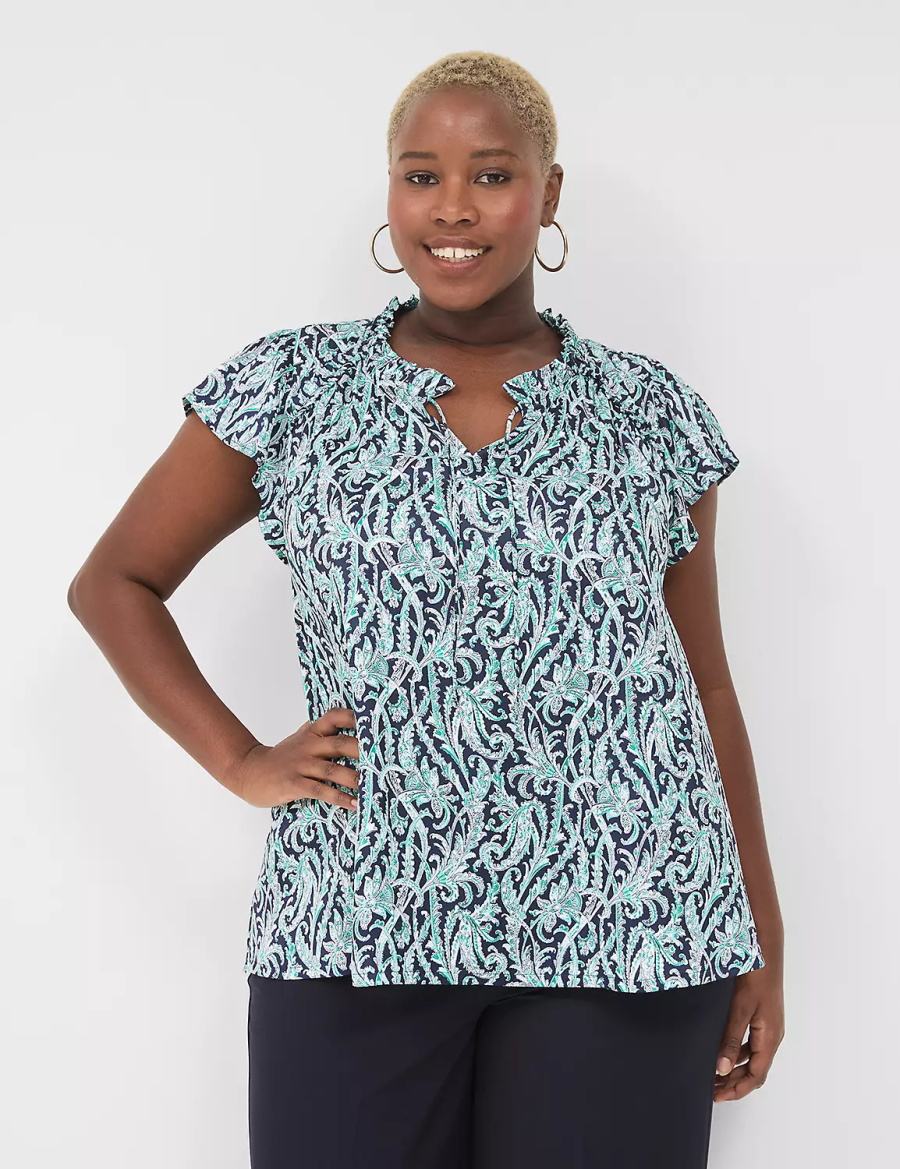 Women Lane Bryant Cap Flutter-Sleeve Satin & Knit Top T Shirts Navy | MWA2370ND