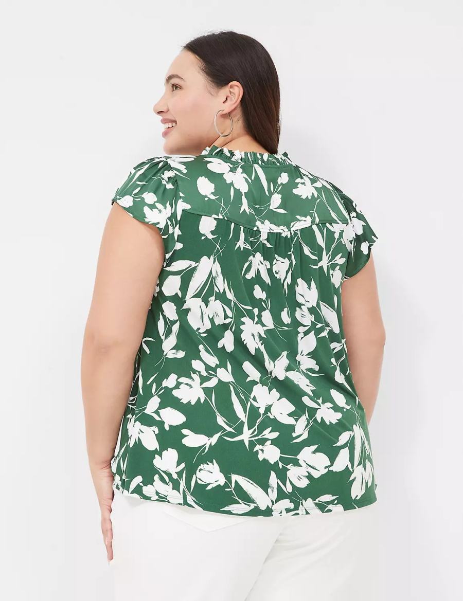Women Lane Bryant Cap Flutter-Sleeve Satin & Knit Top T Shirts Green | LCF6553EQ