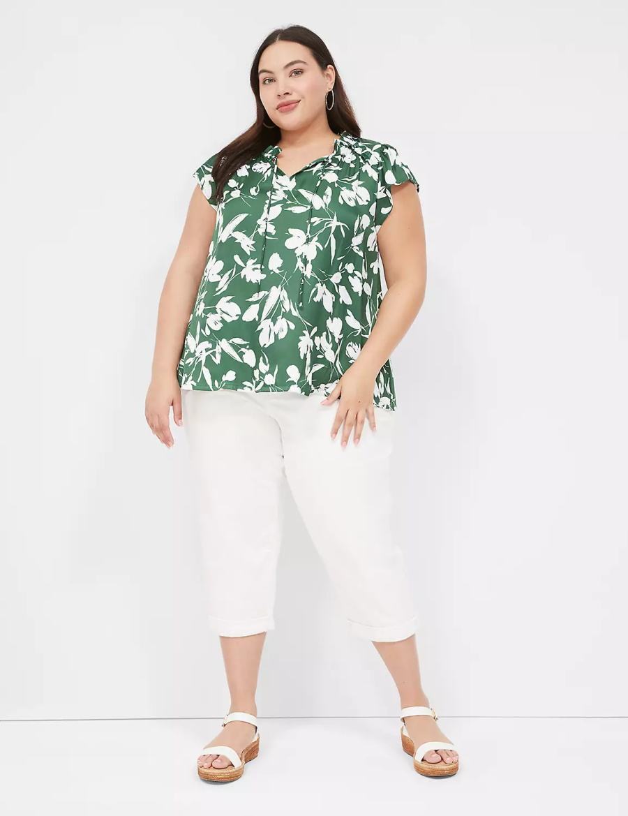 Women Lane Bryant Cap Flutter-Sleeve Satin & Knit Top T Shirts Green | LCF6553EQ